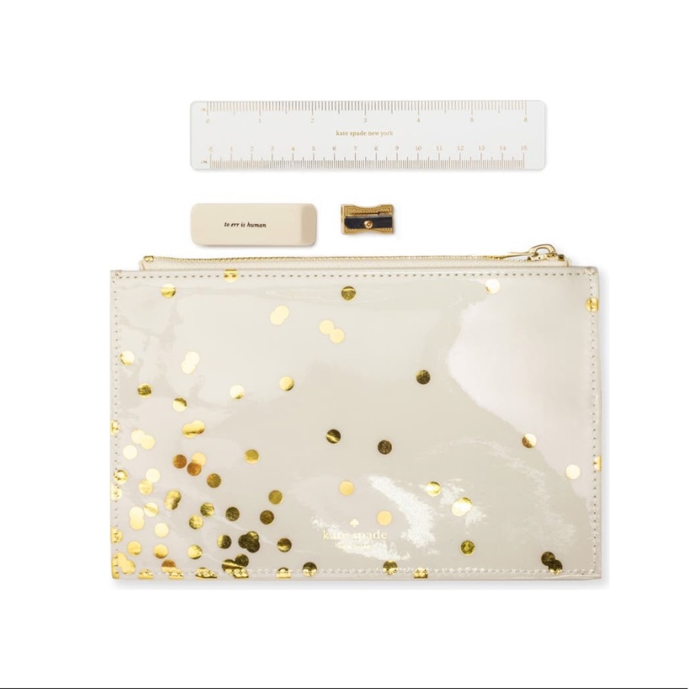 NWT Kate Spade Gold Confetti Back to School/Office/Stationary Pencil Pouch Bag